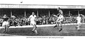 Jack Evans heads the 3rd goal in the league clinching 4-1 defeat of Bilston on Easter Tuesday 1962.