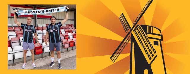Banner Prostate United - two players with Prostate United scarf held aloft in a football stand - picture on a Brakes Trust gold banner with windmill logo to the right